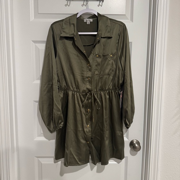 Olive Green Satin Mini Dress - Picture 1 of 4